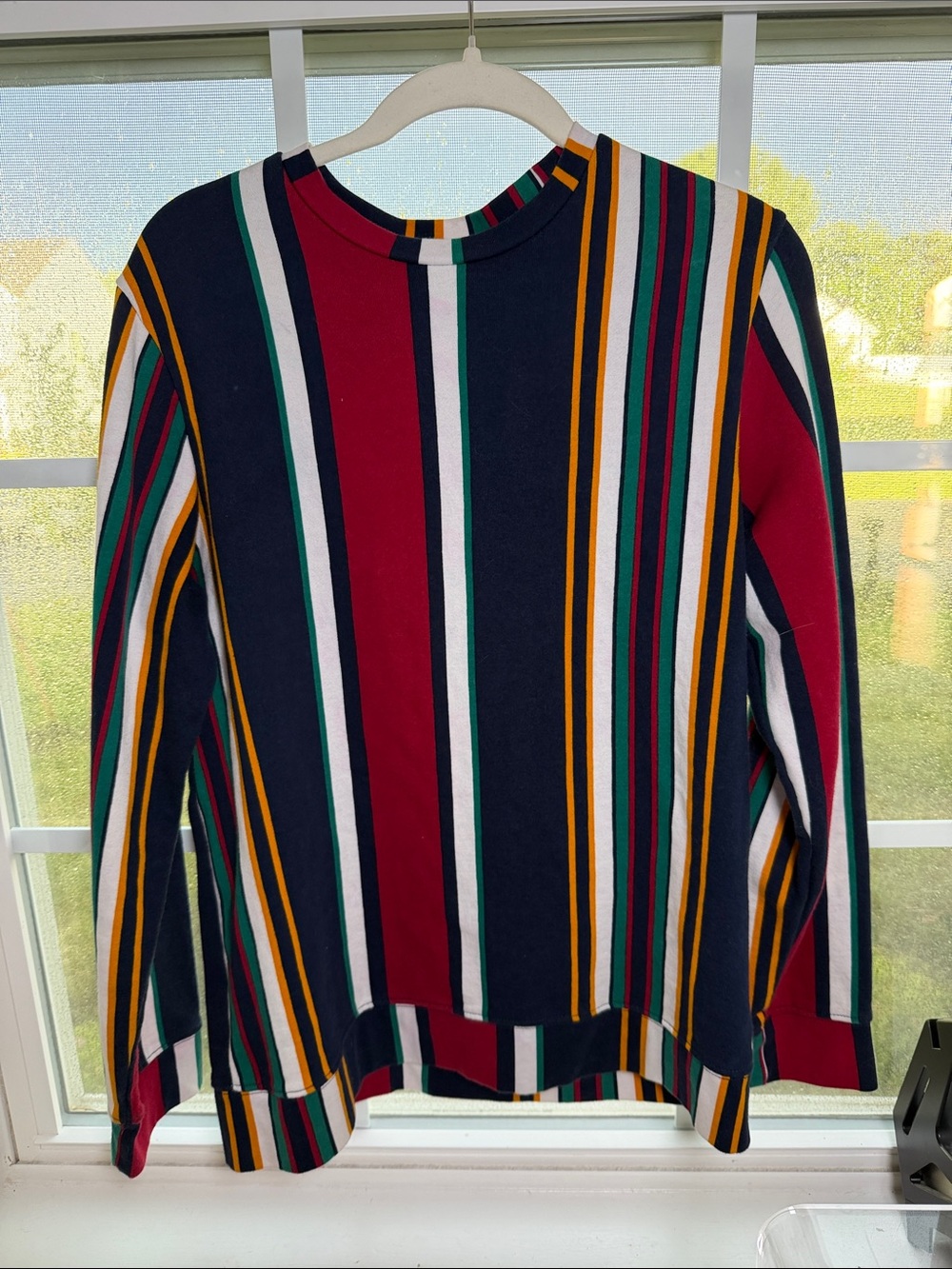 Pacsun men’s Striped Knit Sweatshirt Navy, Green, Red, Yellow 90s style crewneck